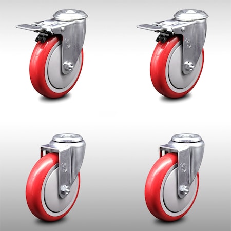 Service Caster 5 Inch SS Red Polyurethane Swivel Bolt Hole Caster Set with 2 Total Lock Brake SCC-SSBHTTL20S514-PPUB-RED-2-S-2